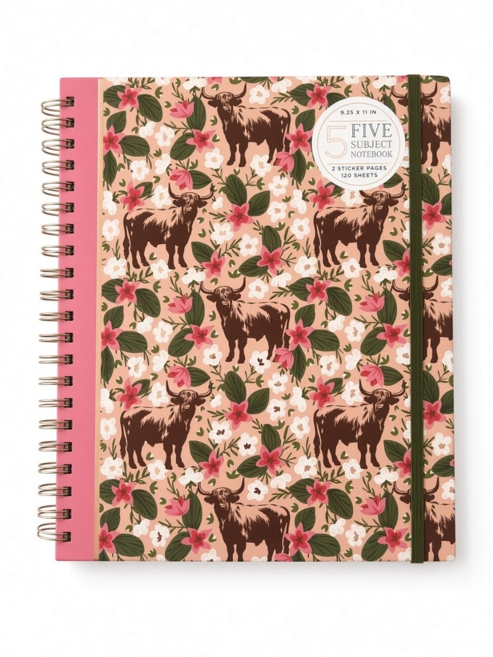 James Burke Highland Cow 5-Subject Spiral Notebook Floral Stickers NEW